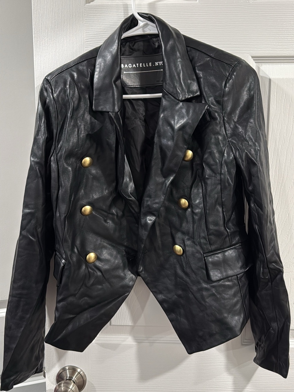 bagatelle Black Double-Breasted Leather Jacket with Gold Buttons